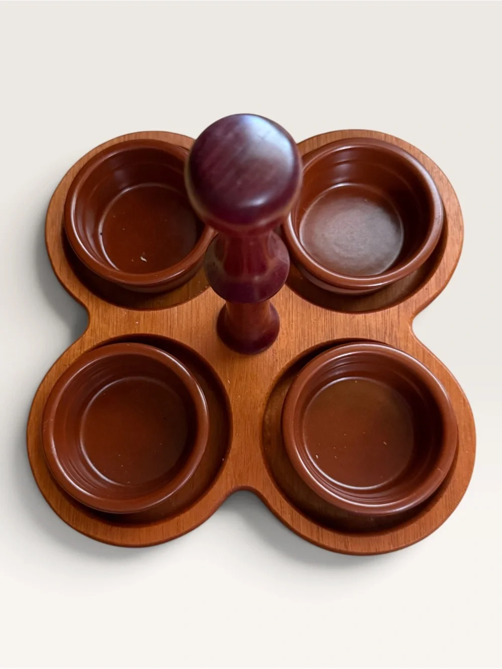 Wooden Four-Bowl Condiment Caddy Featuring Brown Ceramic Insert Dishes